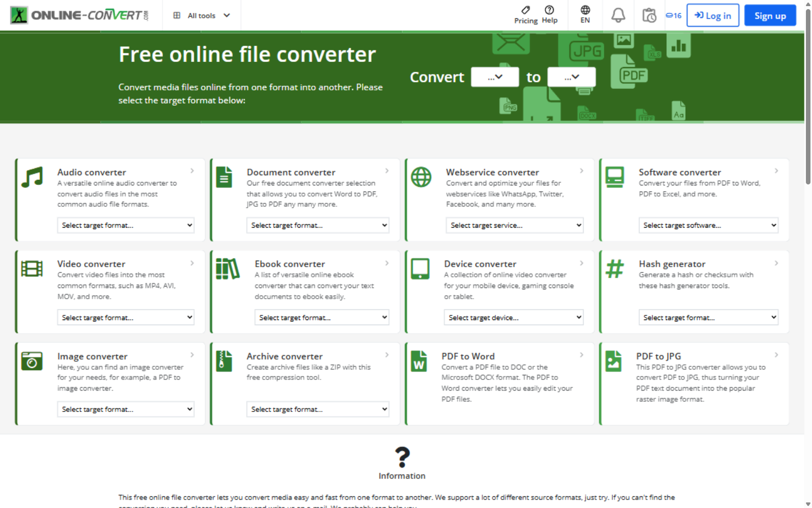Online Convert 的十二类转换器,选好源格式和目标格式就能开工。