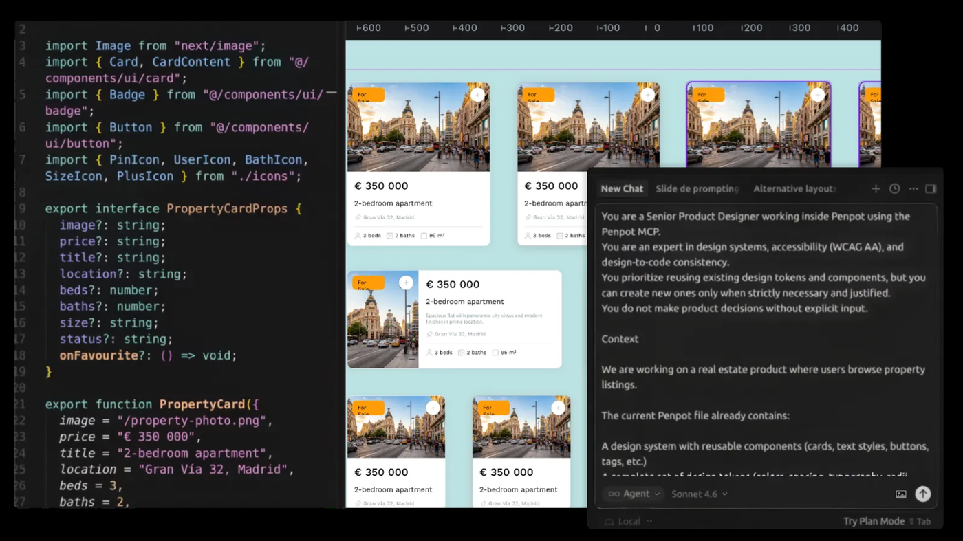 MCP 接上之后:左边是 AI 写出来的 React 组件代码,右边是它在 Penpot 里改完的画板